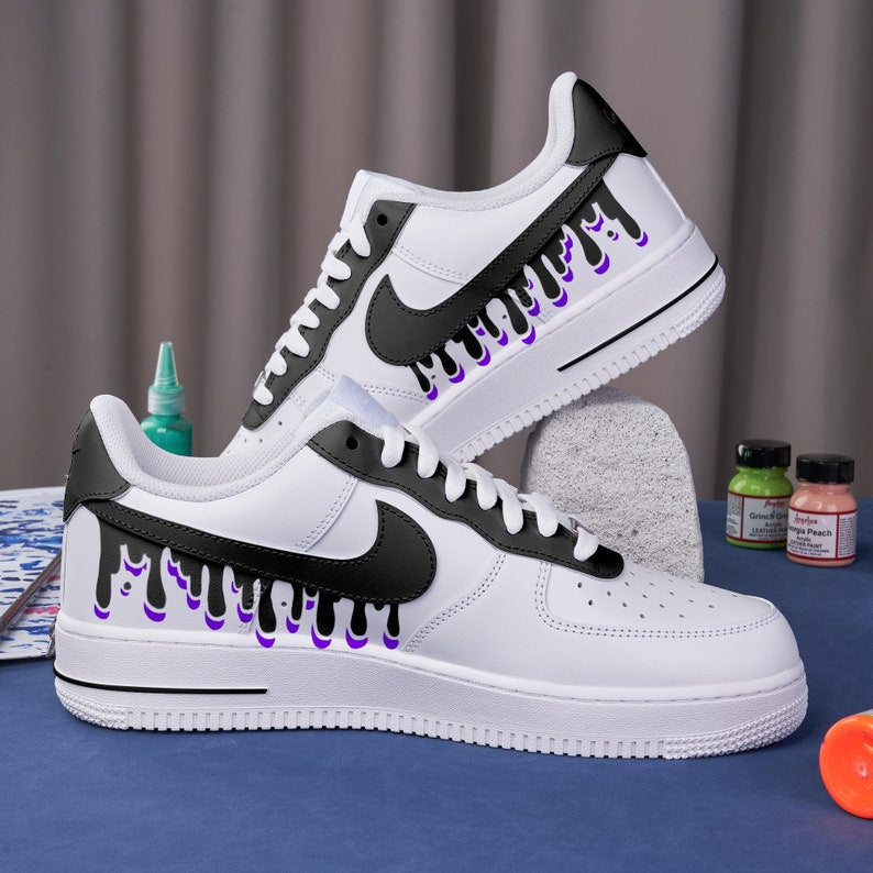 Hand Painted Nike Air Force 1 Custom Black Drops Nike Shoes Black And Purple Air Force 1 Custom Nike Sneakers Custom Shoe Gifts