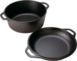 Lodge Cast Iron Double Dutch Oven – Pre-Seasoned 2-in-1 Cast Iron Cookware – Pot & Skillet Combo – Even Heat Retention – Oven-Safe, Versatile Pot – 5 Quart