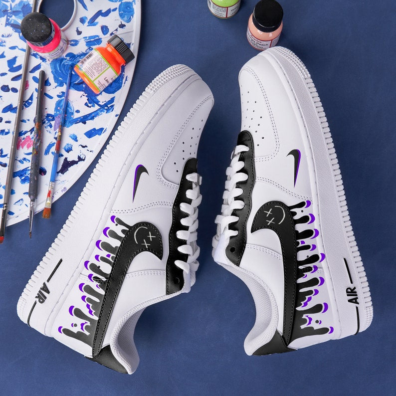 Hand Painted Nike Air Force 1 Custom Black Drops Nike Shoes Black And Purple Air Force 1 Custom Nike Sneakers Custom Shoe Gifts
