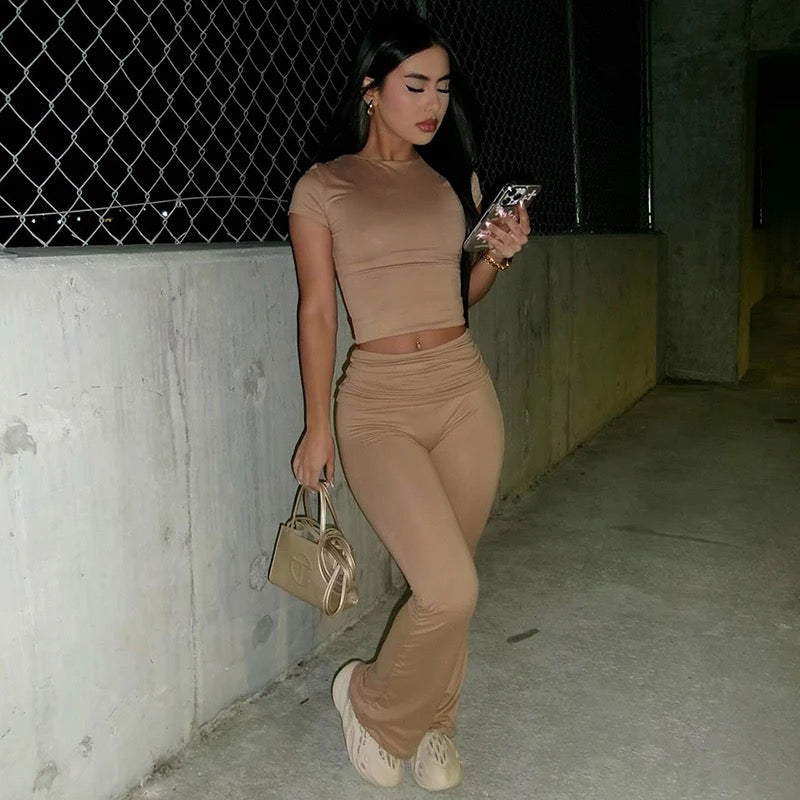Women Casual Tracksuit Basic Slim Tee Shirt Skinny Flared Trousers 2Pcs Spring Soft