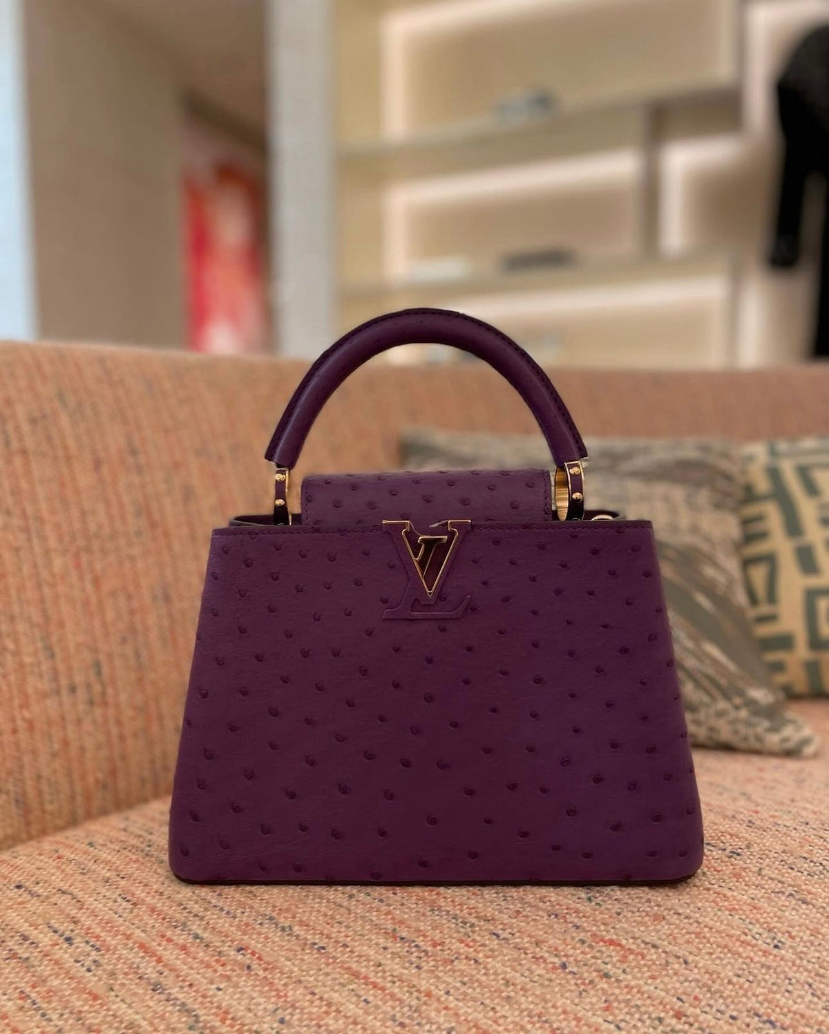 The stunning Louis Vuitton Mini Capucines in purple ostrich (Limited Stock)