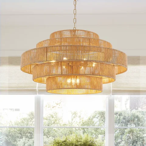 Buy 12-Light Dimmable Hand-Woven Rattan Tiered Chandelier Online | Boho Farmhouse Statement Ceiling Light