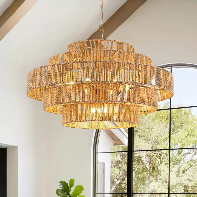 Buy 12-Light Dimmable Hand-Woven Rattan Tiered Chandelier Online | Boho Farmhouse Statement Ceiling Light