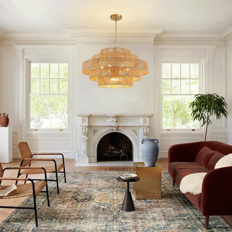 Buy 12-Light Dimmable Hand-Woven Rattan Tiered Chandelier Online | Boho Farmhouse Statement Ceiling Light