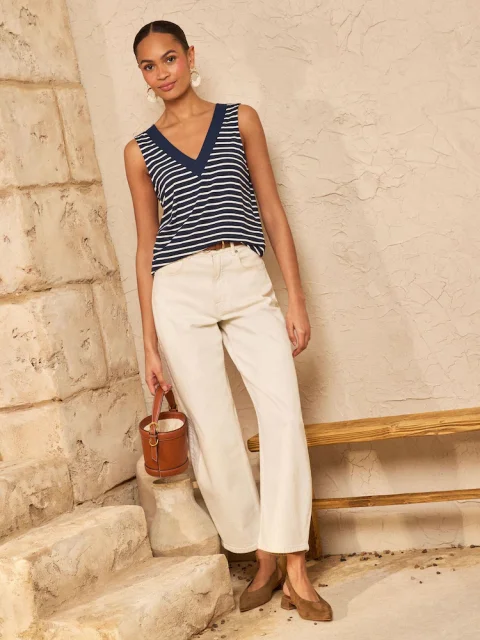 Buy Love & Roses Stripe Chiffon Trim V-Neck Jersey Vest | Women's Elegant Sleeveless Casual Top