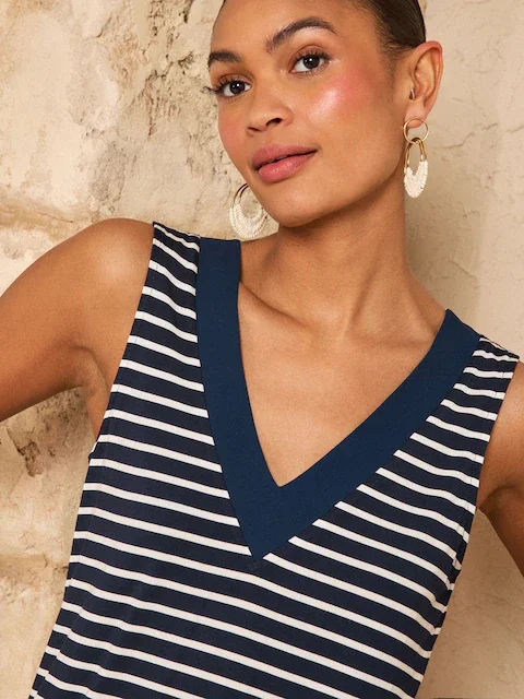 Buy Love & Roses Stripe Chiffon Trim V-Neck Jersey Vest | Women's Elegant Sleeveless Casual Top
