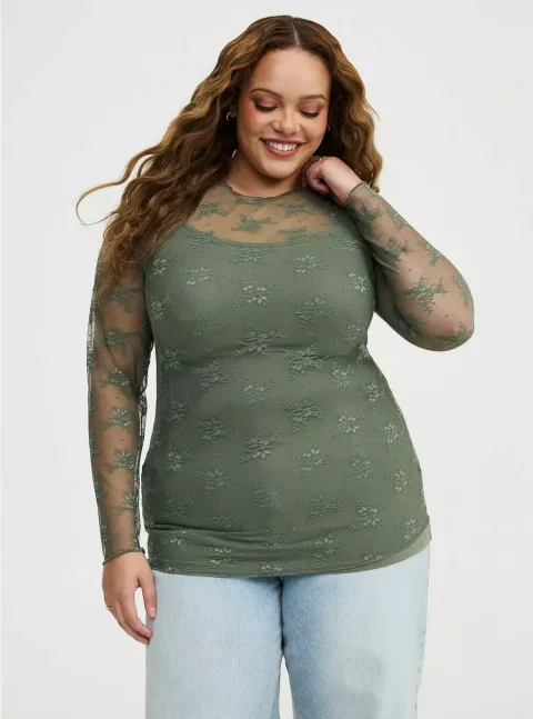 Buy Torrid Sheer Lace Long Sleeve Crew Top Plus Size