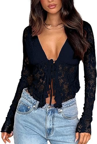 Women's Open Back Lace Blouse | Elegant Long Sleeve Lace Top for Date Night and Special Occasions