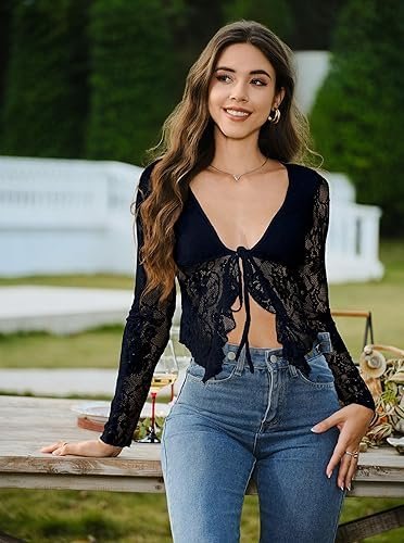 Women's Open Back Lace Blouse | Elegant Long Sleeve Lace Top for Date Night and Special Occasions