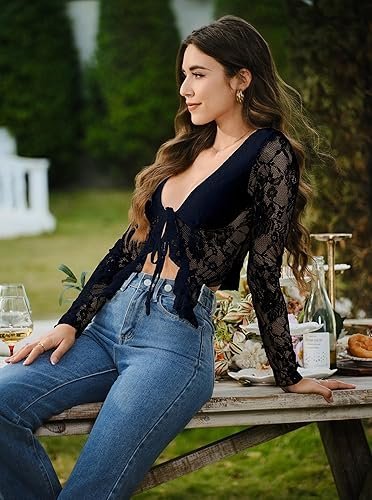 Women's Open Back Lace Blouse | Elegant Long Sleeve Lace Top for Date Night and Special Occasions