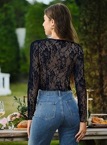 Women's Open Back Lace Blouse | Elegant Long Sleeve Lace Top for Date Night and Special Occasions