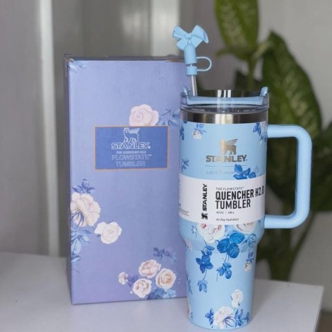 Buy Stanley Printed Tumbler 40oz Blue Flower Edition Online | Insulated Stainless Steel Travel Tumbler with Handle