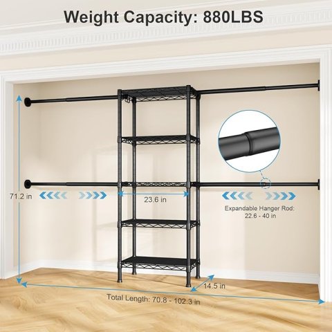 Ulif M2 Wall Mounted Closet System | Expandable Clothes Rack Organizer with 4 Hanging Rods and 5 Storage Shelves