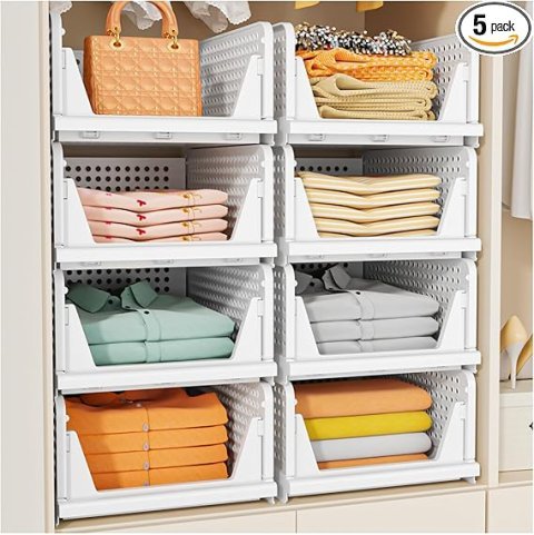 SNSLXH 5 Pack Stackable Closet Storage Baskets | Foldable Space Saving Closet Organizer for Clothes and Home Storage