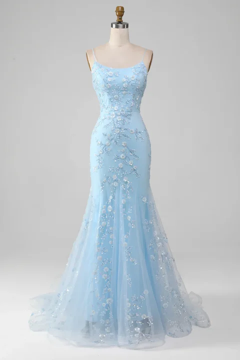 Buy Light Blue Beaded Mermaid Prom Dress Online | Elegant Lace-Up Back Formal Evening Gown