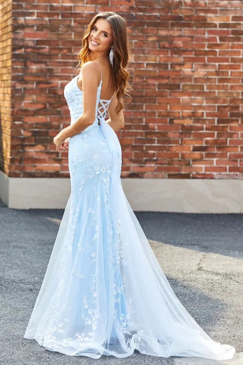 Buy Light Blue Beaded Mermaid Prom Dress Online | Elegant Lace-Up Back Formal Evening Gown