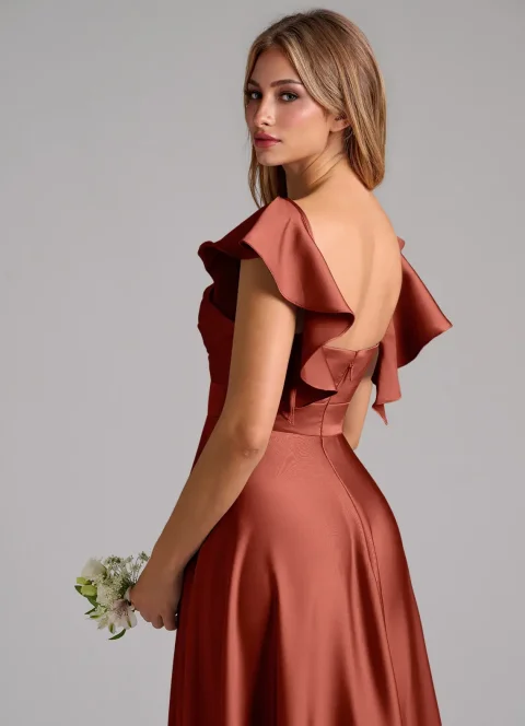Buy Terracotta A-Line Ruched Stretch Satin Dress Online | Elegant Formal Midi & Evening Dress for Women