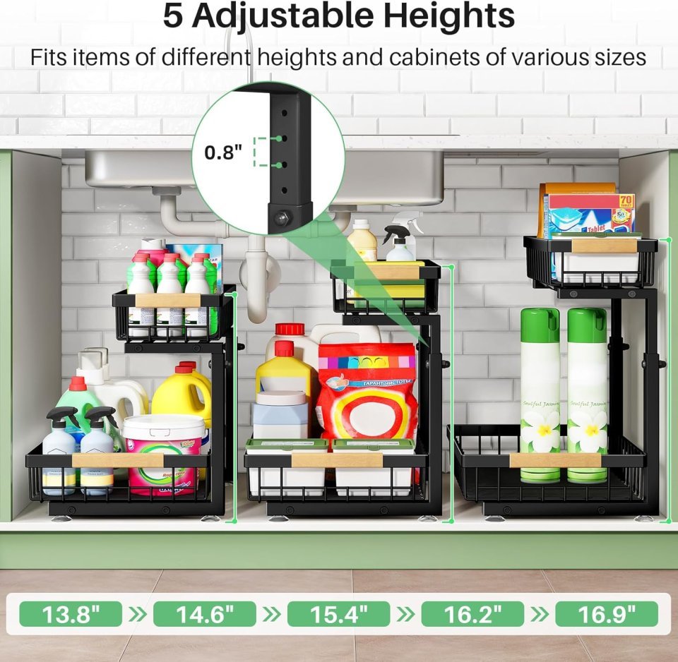Kitstorack Under Sink Organizer 2 Pack | 2 Tier Sliding Cabinet Storage Shelves for Kitchen and Bathroom Organization