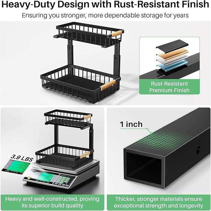 Kitstorack Under Sink Organizer 2 Pack | 2 Tier Sliding Cabinet Storage Shelves for Kitchen and Bathroom Organization
