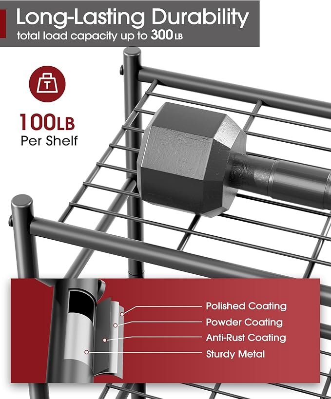 Sakugi 3 Tier Storage Shelf Organizer | Heavy Duty Metal Shelving Unit for Pantry Kitchen Laundry and Garage Storage