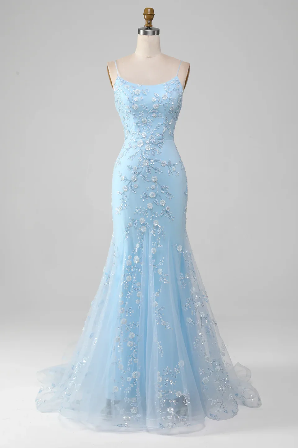 Buy Light Blue Beaded Mermaid Prom Dress Online | Elegant Lace-Up Back Formal Evening Gown