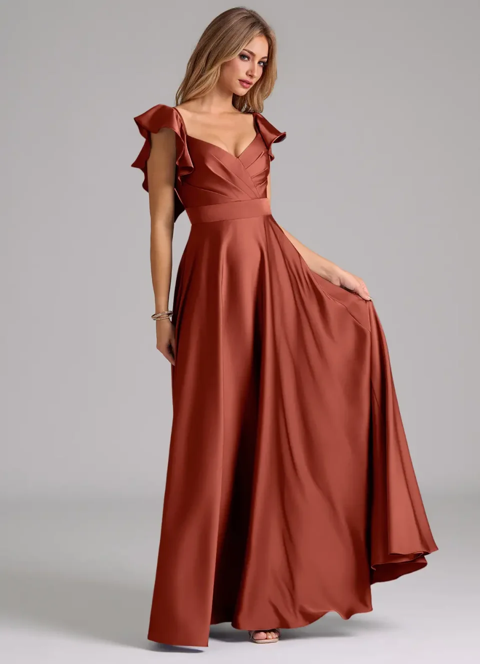 Buy Terracotta A-Line Ruched Stretch Satin Dress Online | Elegant Formal Midi & Evening Dress for Women