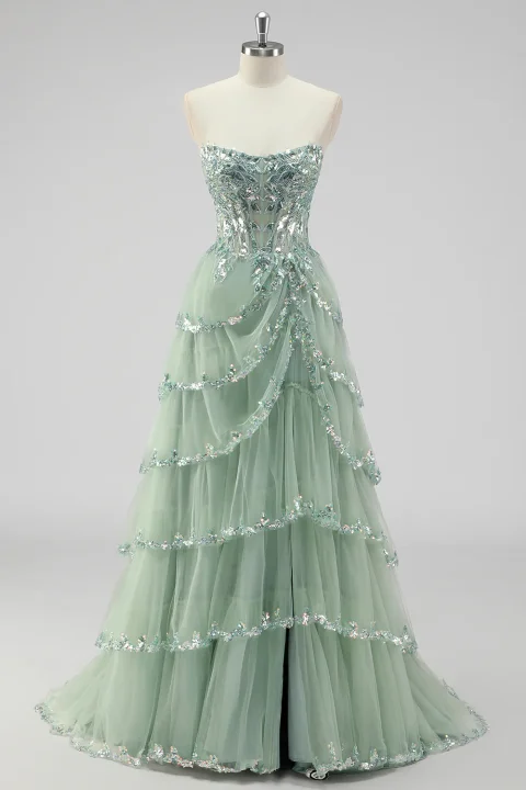 Buy Sage Green Sequin Corset Prom Dress with Slit Online | Glamorous Formal Evening Gown for Women