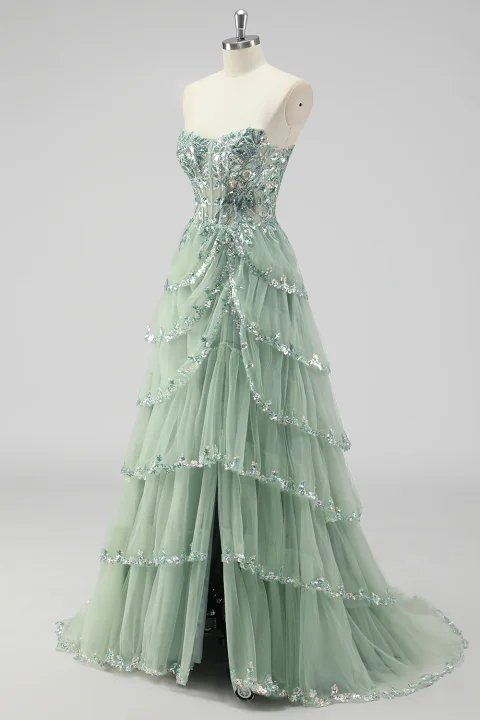 Buy Sage Green Sequin Corset Prom Dress with Slit Online | Glamorous Formal Evening Gown for Women