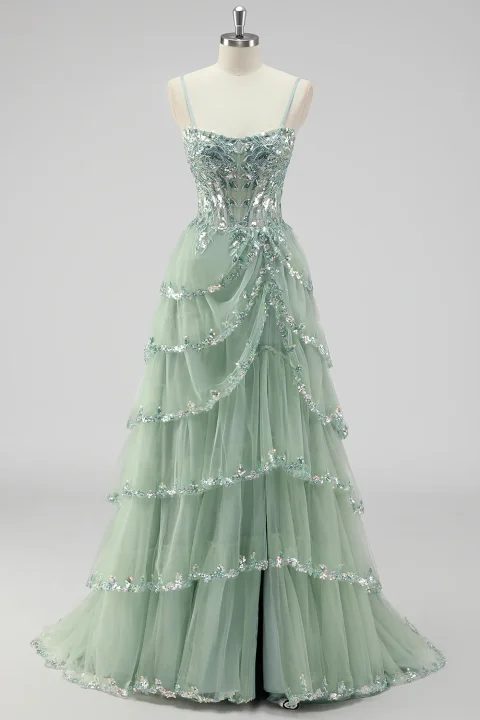 Buy Sage Green Sequin Corset Prom Dress with Slit Online | Glamorous Formal Evening Gown for Women