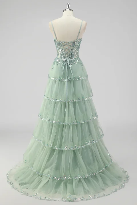 Buy Sage Green Sequin Corset Prom Dress with Slit Online | Glamorous Formal Evening Gown for Women