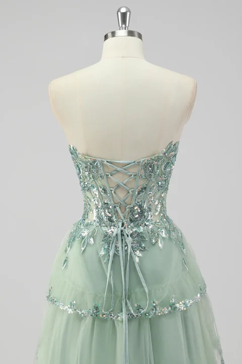 Buy Sage Green Sequin Corset Prom Dress with Slit Online | Glamorous Formal Evening Gown for Women