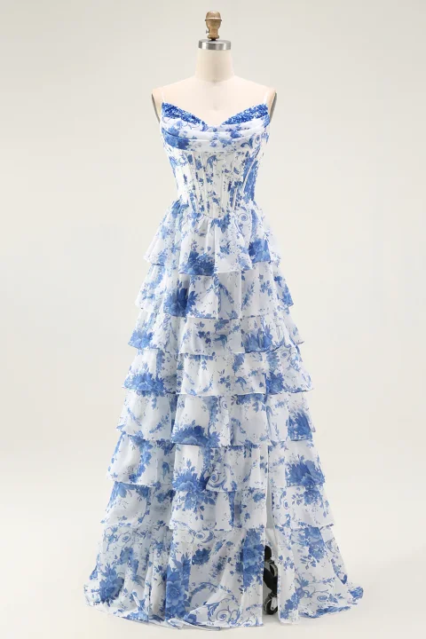 Blue & White Floral Corset Prom Dress with Slit Online | Elegant Formal Evening Gown for Women