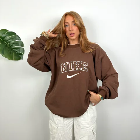 Buy Nike Brown Embroidered Sweatshirt | Authentic Premium Fleece Crewneck for Everyday Comfort