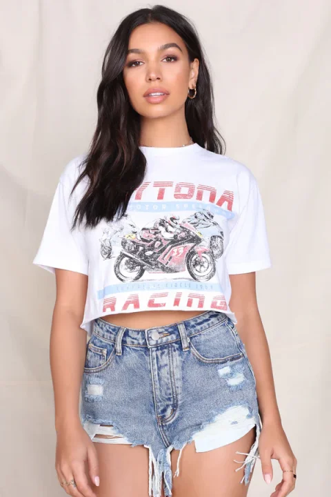 Buy Laila Motorcycle Graphic Tee - White/Combo Online | Vintage Biker Graphic T-Shirt for Women
