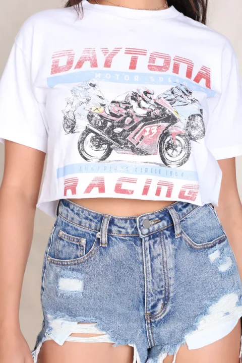 Buy Laila Motorcycle Graphic Tee - White/Combo Online | Vintage Biker Graphic T-Shirt for Women