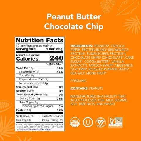 Buy ALOHA Organic Plant Based Protein Bars Peanut Butter Chocolate Chip | Vegan Low Sugar Protein Snack Bars Pack of 12