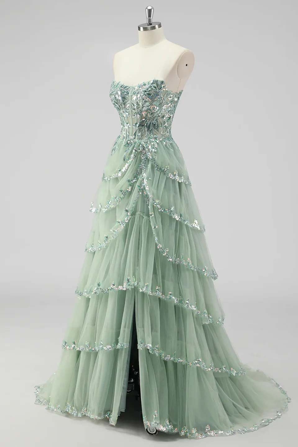 Buy Sage Green Sequin Corset Prom Dress with Slit Online | Glamorous Formal Evening Gown for Women
