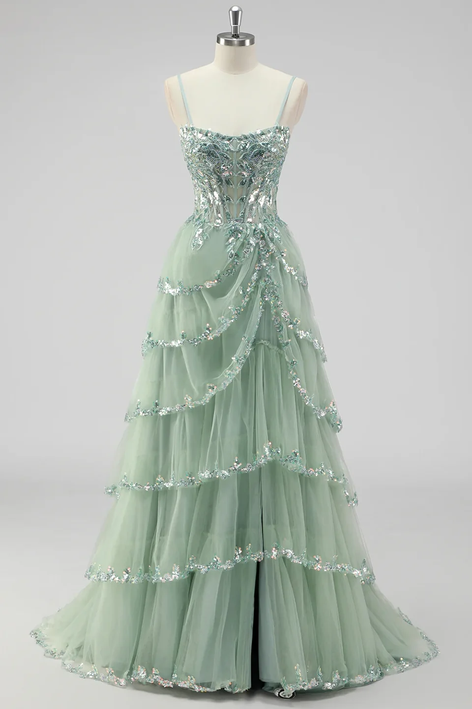 Buy Sage Green Sequin Corset Prom Dress with Slit Online | Glamorous Formal Evening Gown for Women