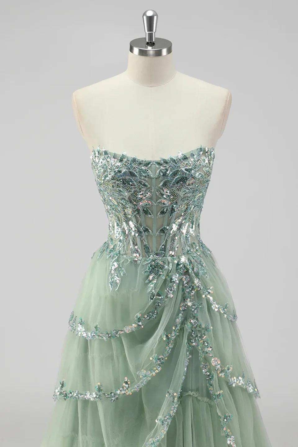 Buy Sage Green Sequin Corset Prom Dress with Slit Online | Glamorous Formal Evening Gown for Women