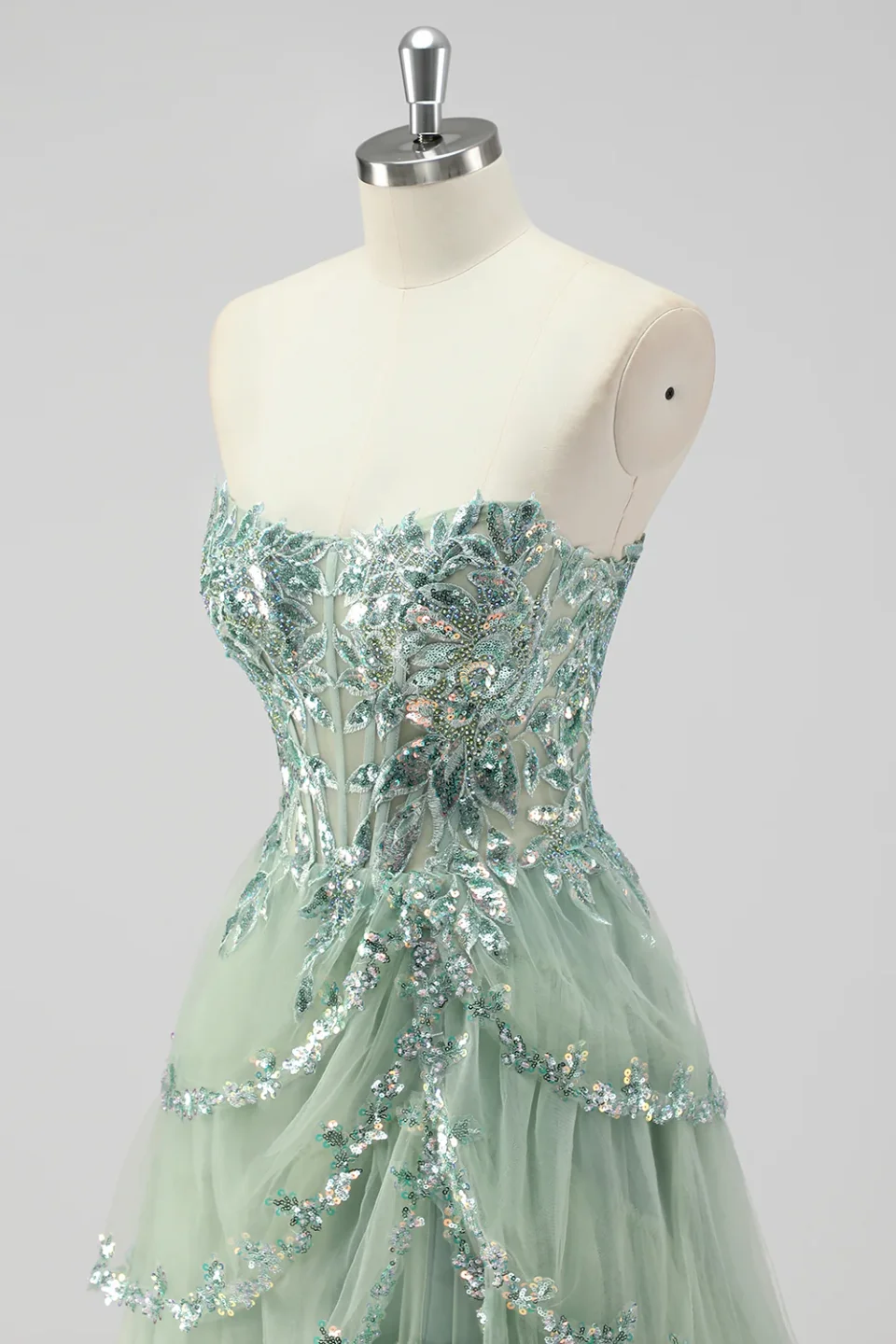 Buy Sage Green Sequin Corset Prom Dress with Slit Online | Glamorous Formal Evening Gown for Women