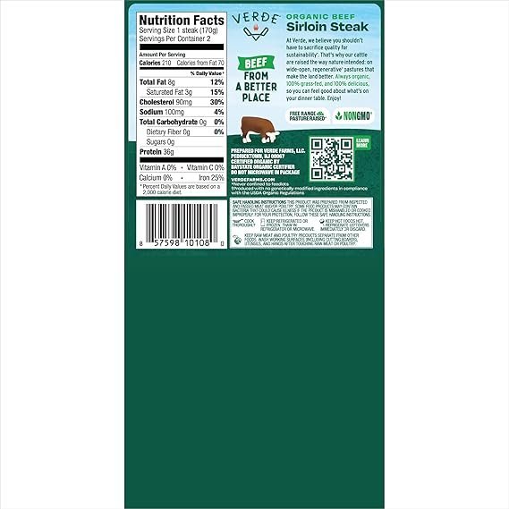 Buy Verde Farms Organic Grass Fed Beef Sirloin Steaks | Premium Lean Steak for Healthy Family Dinners