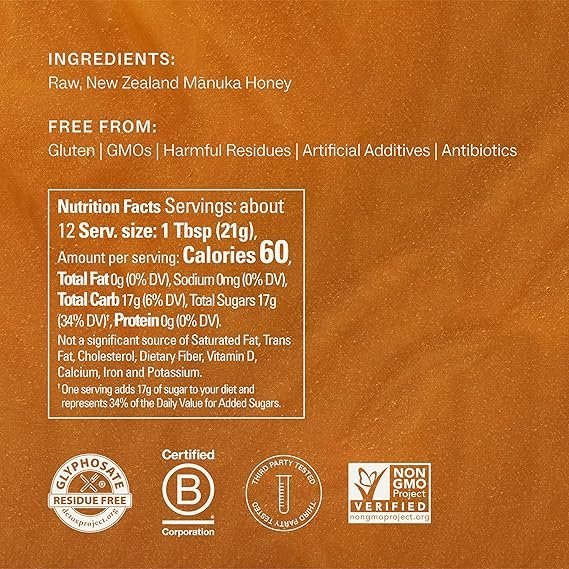 Manukora Raw Manuka Honey MGO 50+ — 250g, New Zealand, Non-GMO, Glyphosate Residue Free, 3rd-Party Tested, Traceable Hive-to-Hand, Daily Immune & Gut Wellness