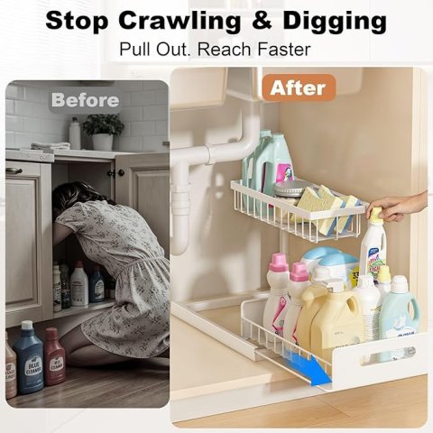 Buy 2-Pack Under Sink Organizer with Pull-Out Shelves Online | 2-Tier Metal Cabinet Storage Organizer White