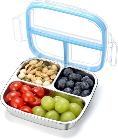 Buy Stainless Steel Snack Containers with 3 Compartments Online | Reusable Bento Lunch Box with Lids for Kids & Adults - Blue