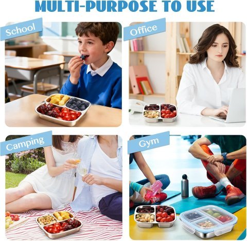 Buy Stainless Steel Snack Containers with 3 Compartments Online | Reusable Bento Lunch Box with Lids for Kids & Adults - Blue
