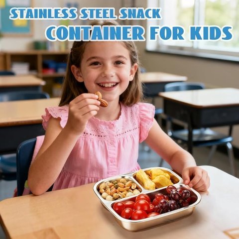 Buy Stainless Steel Snack Containers with 3 Compartments Online | Reusable Bento Lunch Box with Lids for Kids & Adults - Blue