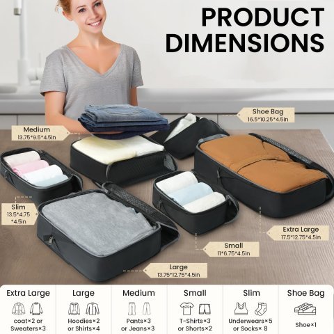 Buy BAGAIL Compression Packing Cubes Online | Expandable Travel Luggage Organizer Set (4, 6 & 8-Piece Options) - Black