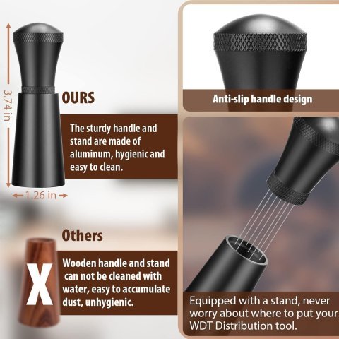 Buy WDT Espresso Distribution Tool Online | 7-Needle Espresso Coffee Stirrer with Aluminum Alloy Handle & Stand - Black