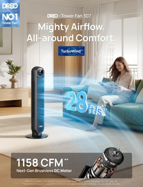 Buy DREO Tower Fan for Bedroom Online | 2026 DC Motor Bladeless Oscillating Fan with Remote, 8 Speeds & Ultra Quiet Cooling | Black