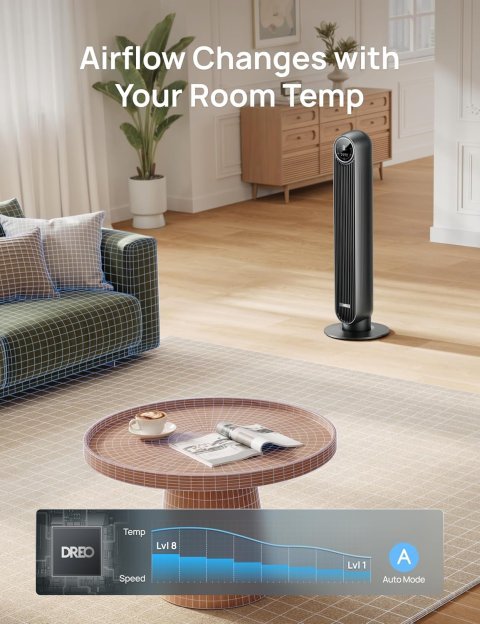 Buy DREO Tower Fan for Bedroom Online | 2026 DC Motor Bladeless Oscillating Fan with Remote, 8 Speeds & Ultra Quiet Cooling | Black